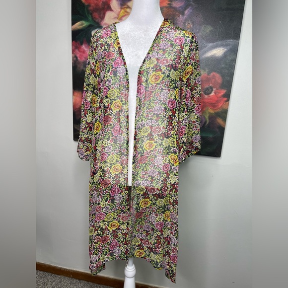 Bellatrix Anthropologie Long Floral 100% Silk Duster Kimono Boho Hippie S / M - Picture 1 of 7